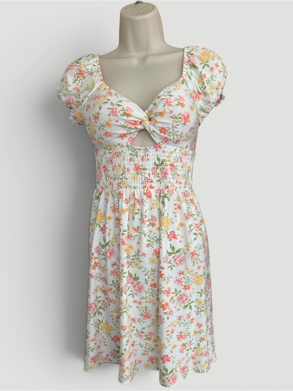 Feminine Floral Milkmaid Smocked Babydoll Waist Strappy Back Dress Size XS